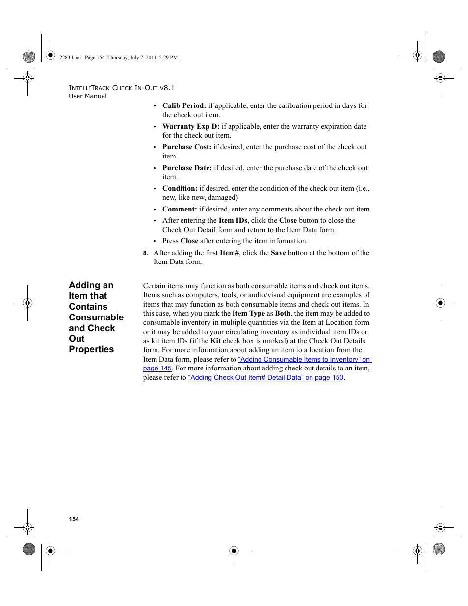 Adding an item that contains consumable and check, Out properties | IntelliTrack Check In/Out User Manual | Page 184 / 564