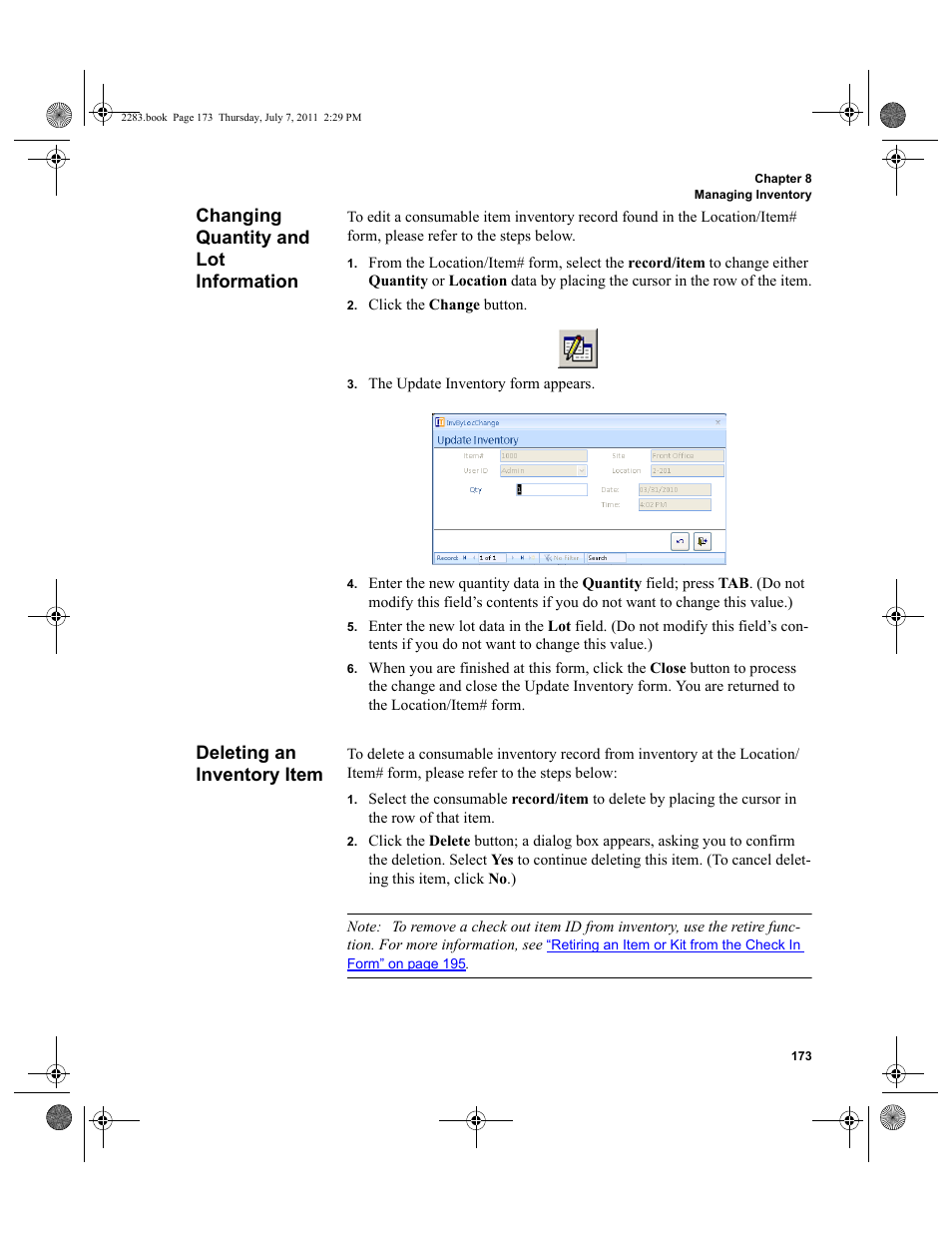 Changing quantity and lot information, Deleting an inventory item | IntelliTrack Check In/Out User Manual | Page 203 / 564