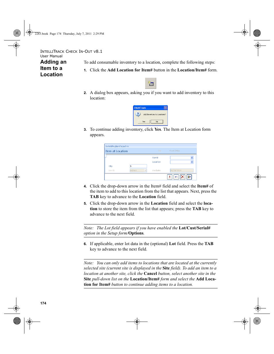 Adding an item to a location | IntelliTrack Check In/Out User Manual | Page 204 / 564