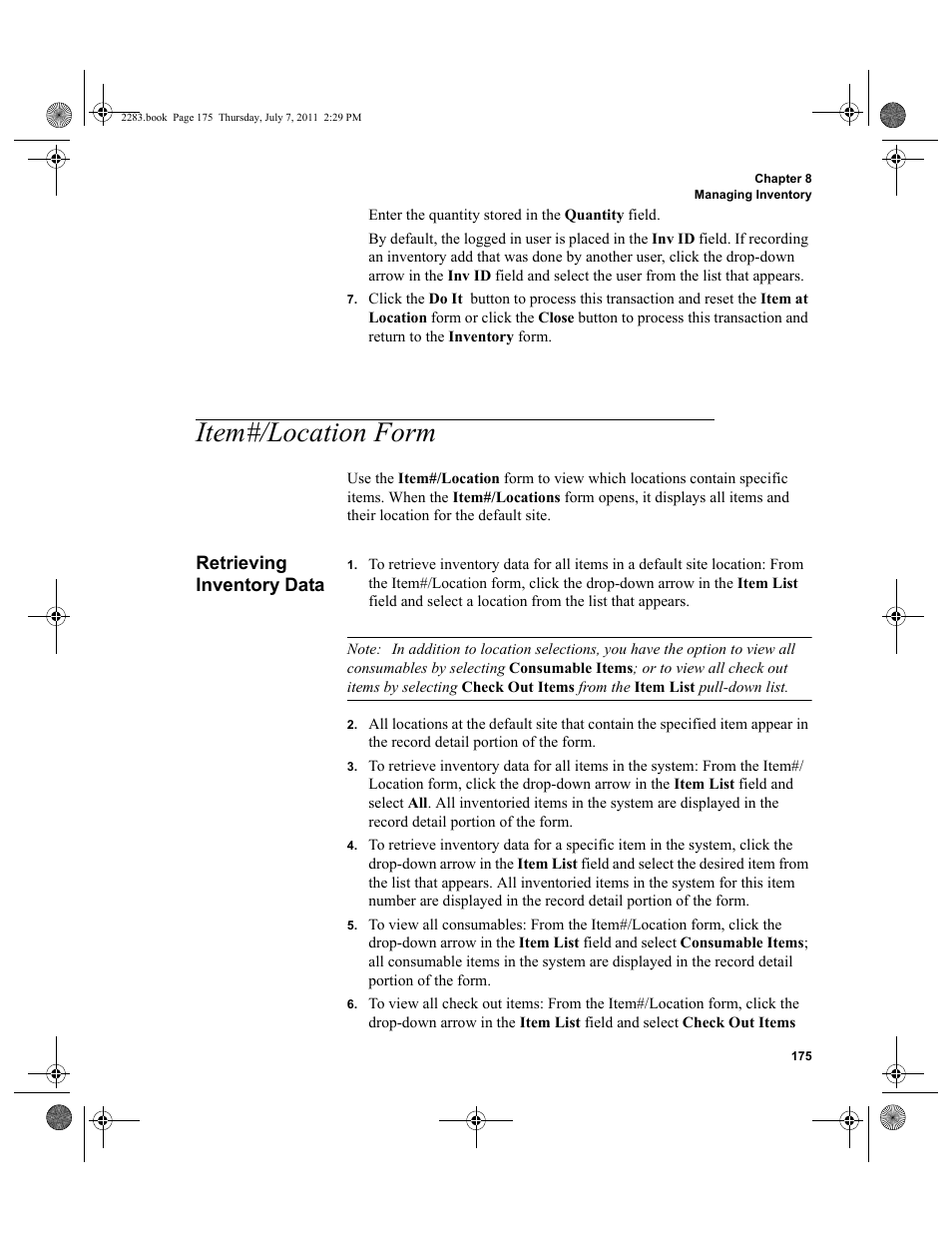 Item#/location form, Retrieving inventory data | IntelliTrack Check In/Out User Manual | Page 205 / 564