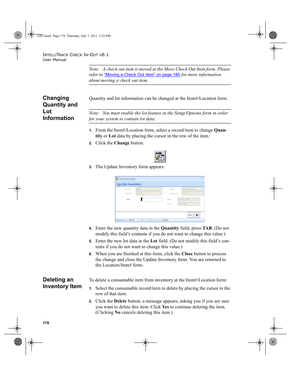 Changing quantity and lot information, Deleting an inventory item | IntelliTrack Check In/Out User Manual | Page 208 / 564