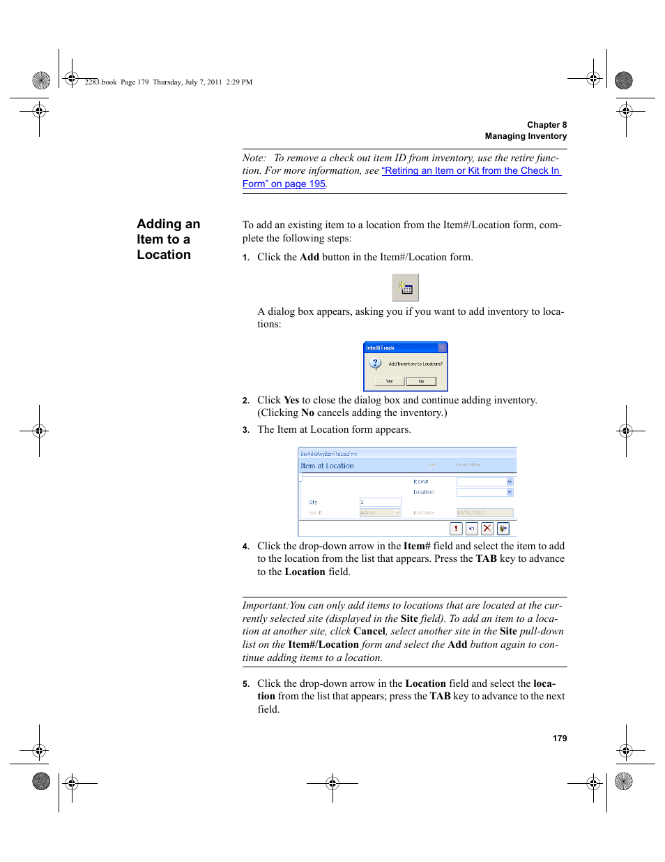 Adding an item to a location | IntelliTrack Check In/Out User Manual | Page 209 / 564