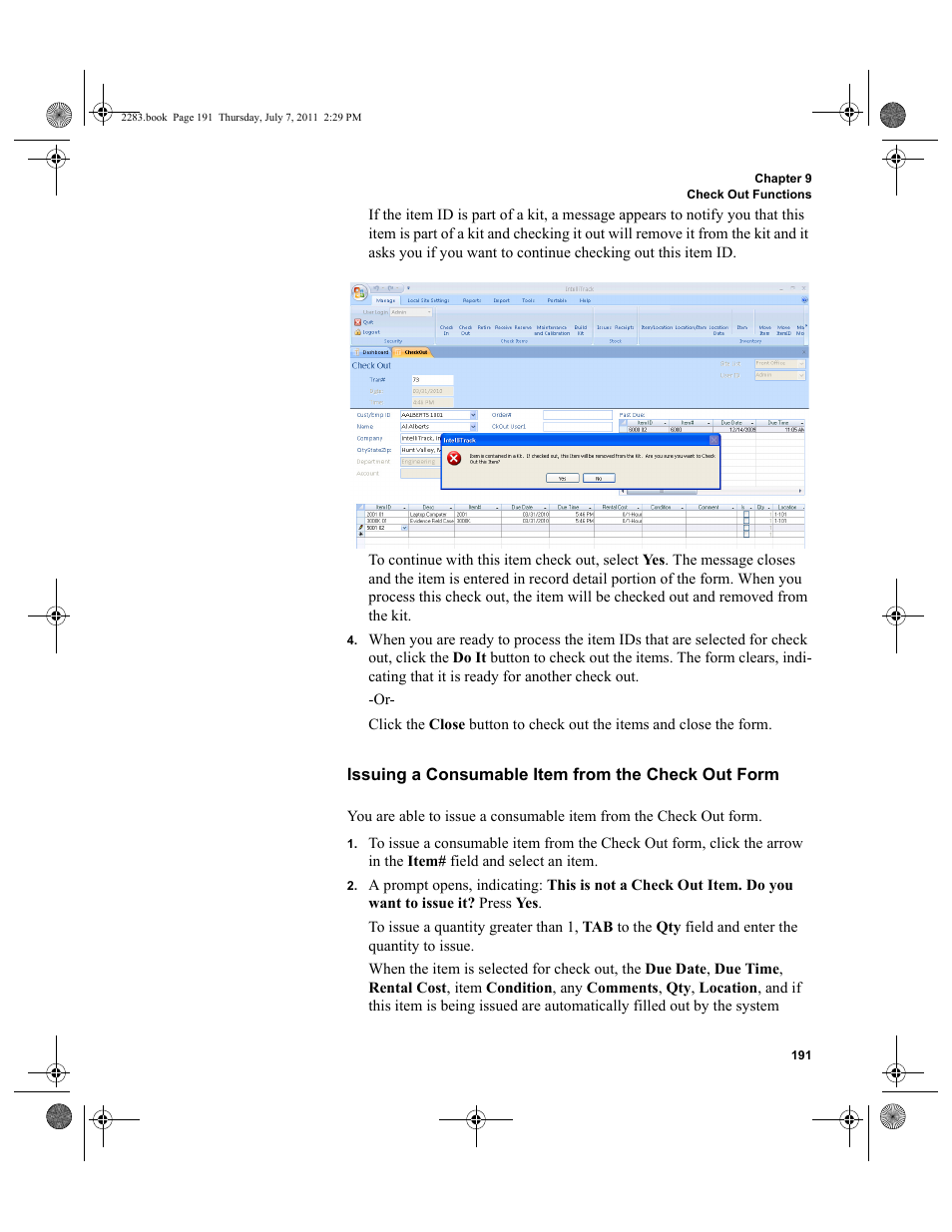 Issuing a consumable item from the check out form | IntelliTrack Check In/Out User Manual | Page 221 / 564