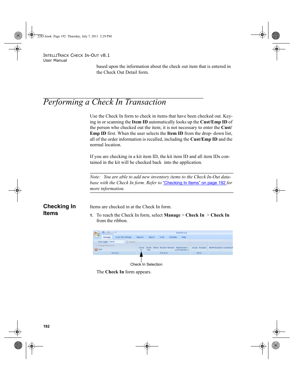 Performing a check in transaction, Checking in items | IntelliTrack Check In/Out User Manual | Page 222 / 564