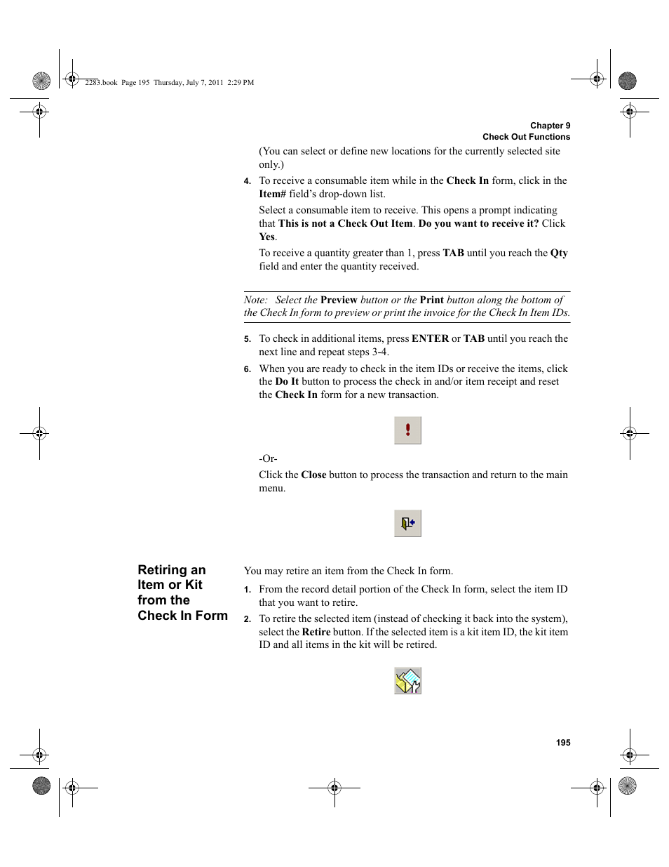 Retiring an item or kit from the check in form | IntelliTrack Check In/Out User Manual | Page 225 / 564