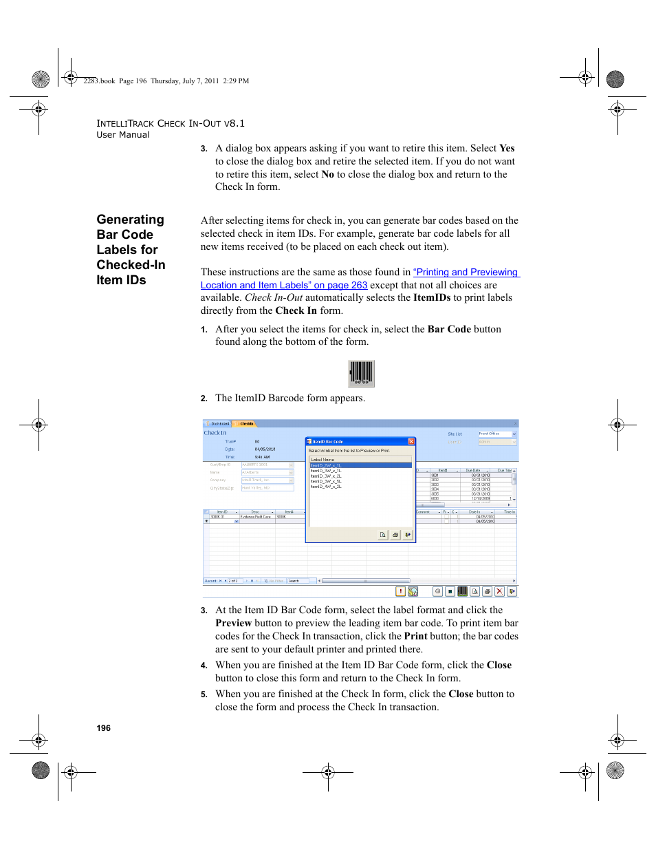 Generating bar code labels for checked-in item ids | IntelliTrack Check In/Out User Manual | Page 226 / 564