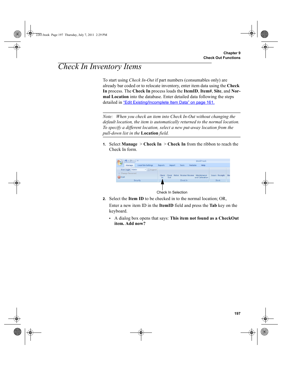 Check in inventory items | IntelliTrack Check In/Out User Manual | Page 227 / 564