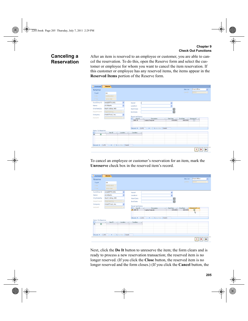 Canceling a reservation | IntelliTrack Check In/Out User Manual | Page 235 / 564