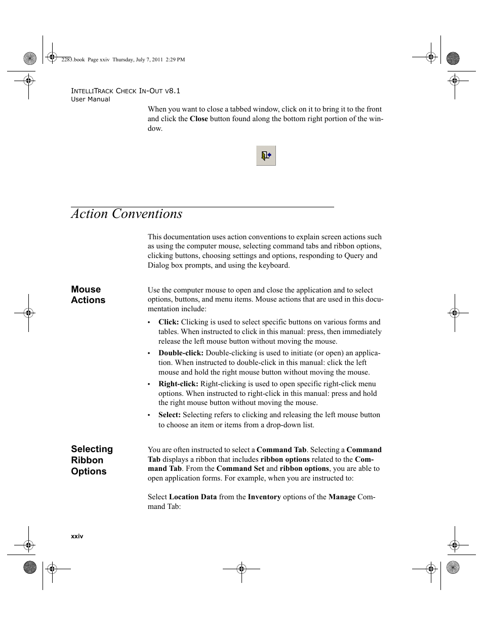 Action conventions, Mouse actions, Selecting ribbon options | IntelliTrack Check In/Out User Manual | Page 24 / 564