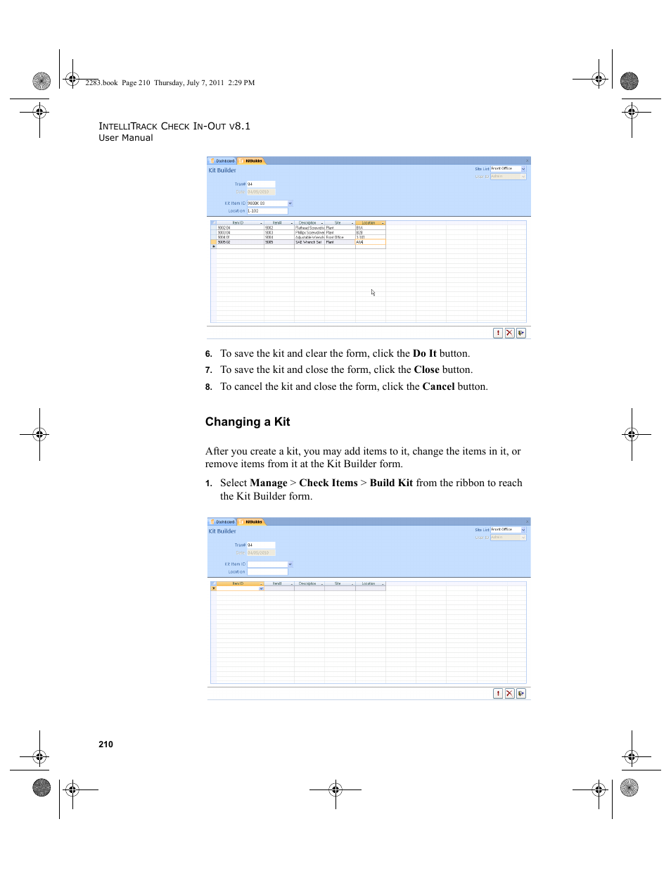 Changing a kit | IntelliTrack Check In/Out User Manual | Page 240 / 564