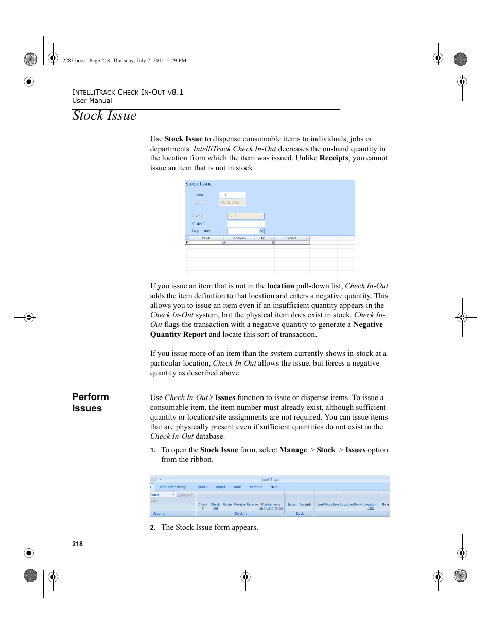 Stock issue, Perform issues | IntelliTrack Check In/Out User Manual | Page 248 / 564