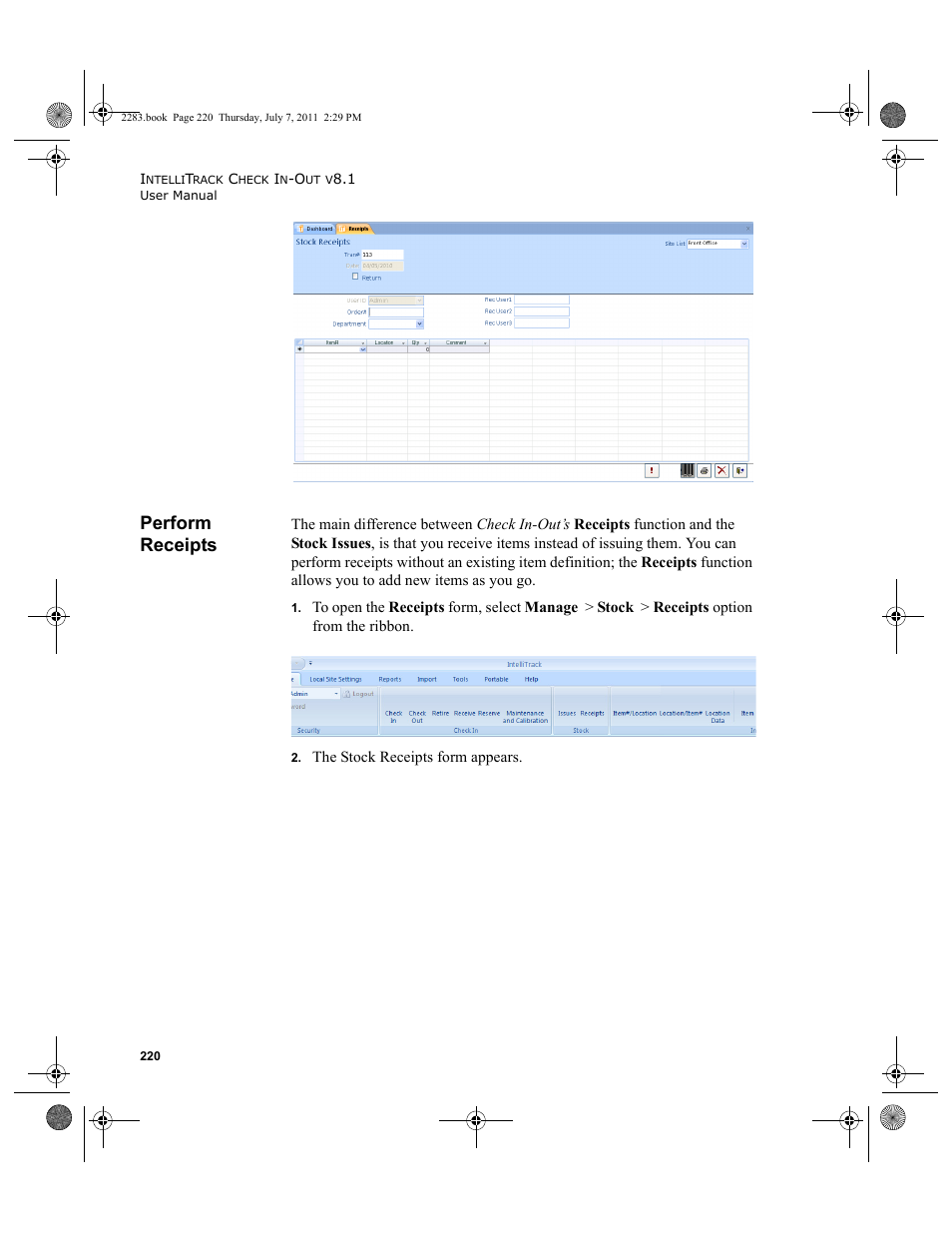 Perform receipts | IntelliTrack Check In/Out User Manual | Page 250 / 564