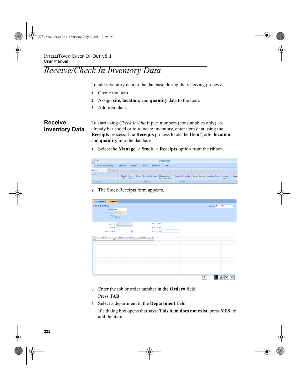 Receive/check in inventory data, Receive inventory data | IntelliTrack Check In/Out User Manual | Page 252 / 564