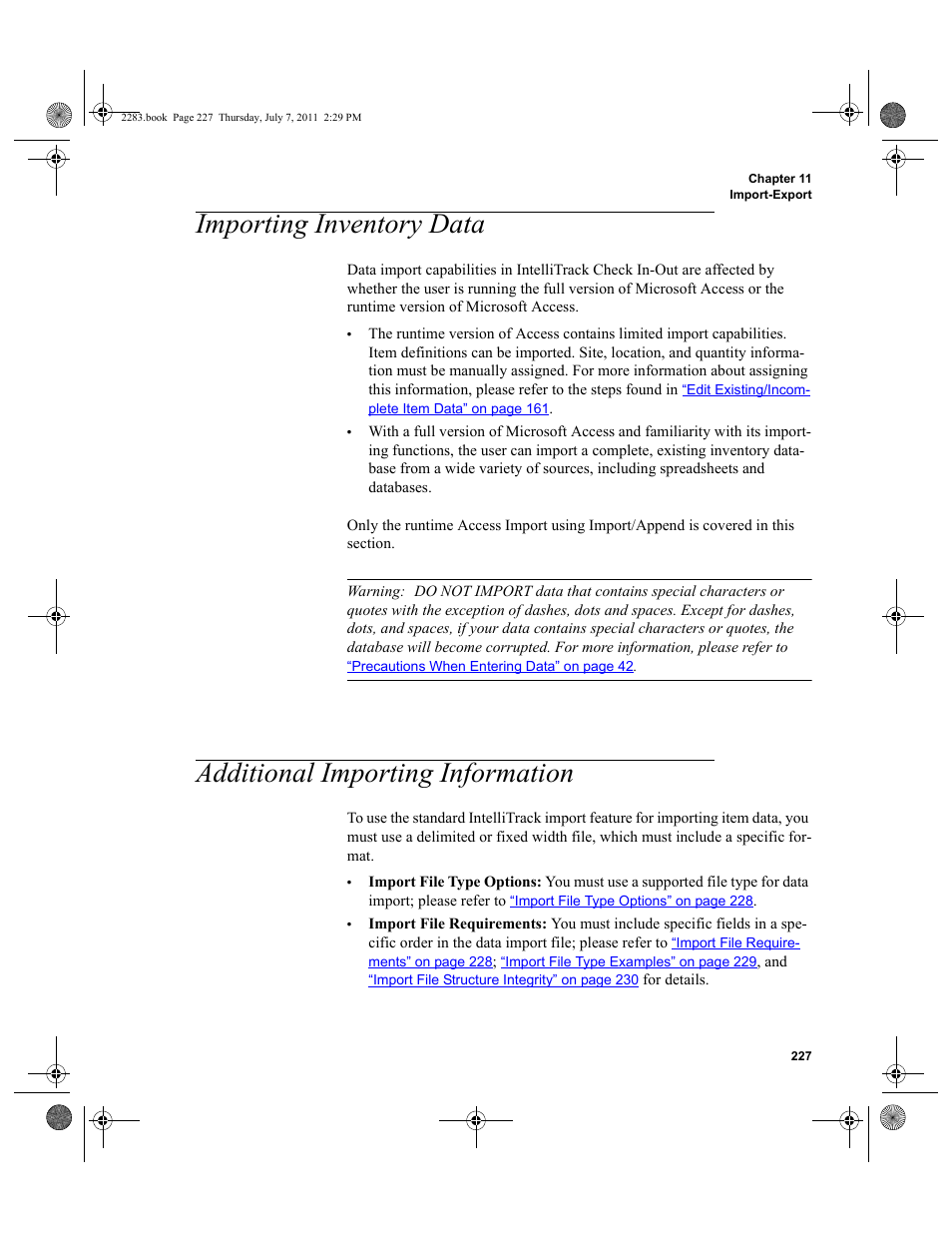 Importing inventory data, Additional importing information, Importing inventory data” on | IntelliTrack Check In/Out User Manual | Page 257 / 564