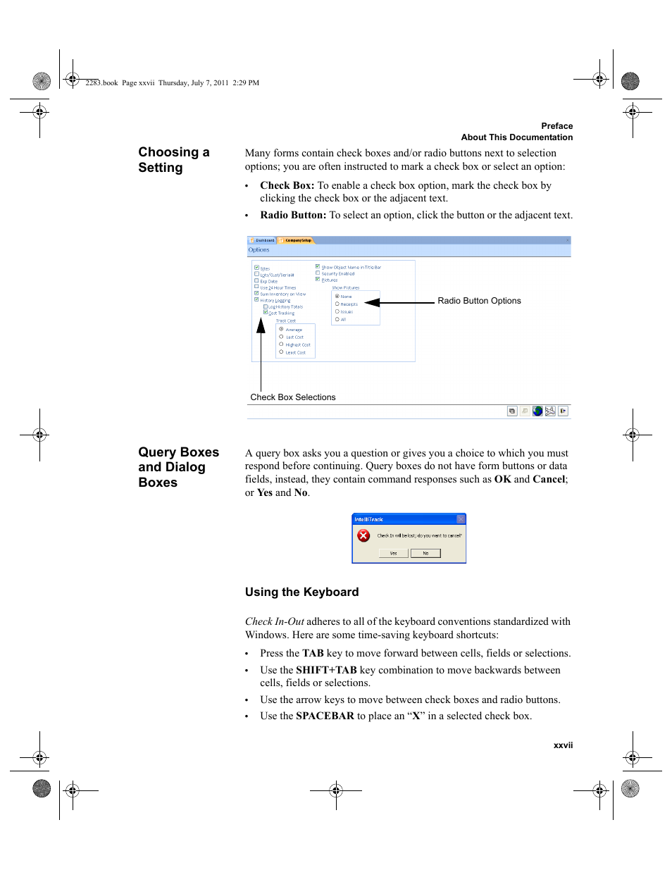 Choosing a setting, Query boxes and dialog boxes | IntelliTrack Check In/Out User Manual | Page 27 / 564