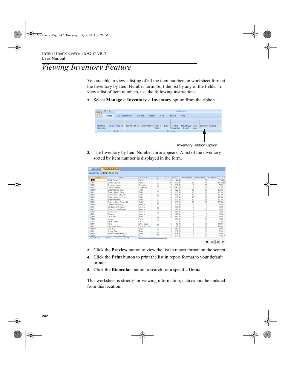 Viewing inventory feature | IntelliTrack Check In/Out User Manual | Page 272 / 564