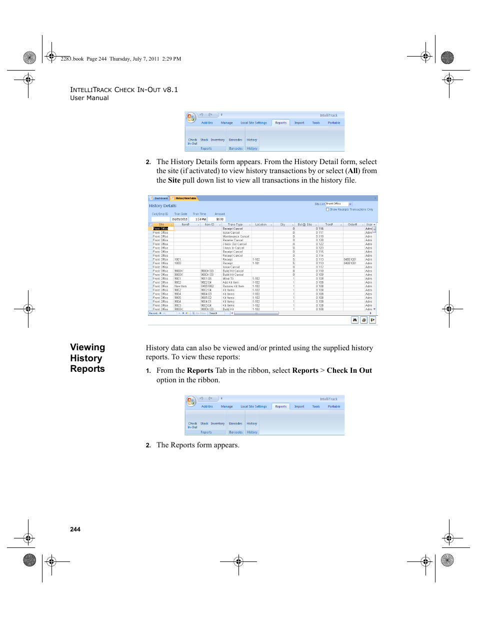 Viewing history reports | IntelliTrack Check In/Out User Manual | Page 274 / 564