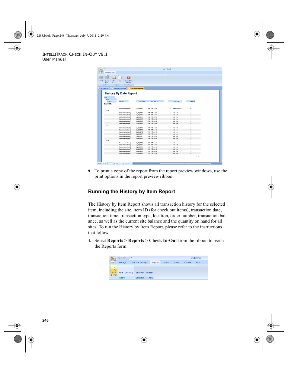 Running the history by item report | IntelliTrack Check In/Out User Manual | Page 278 / 564