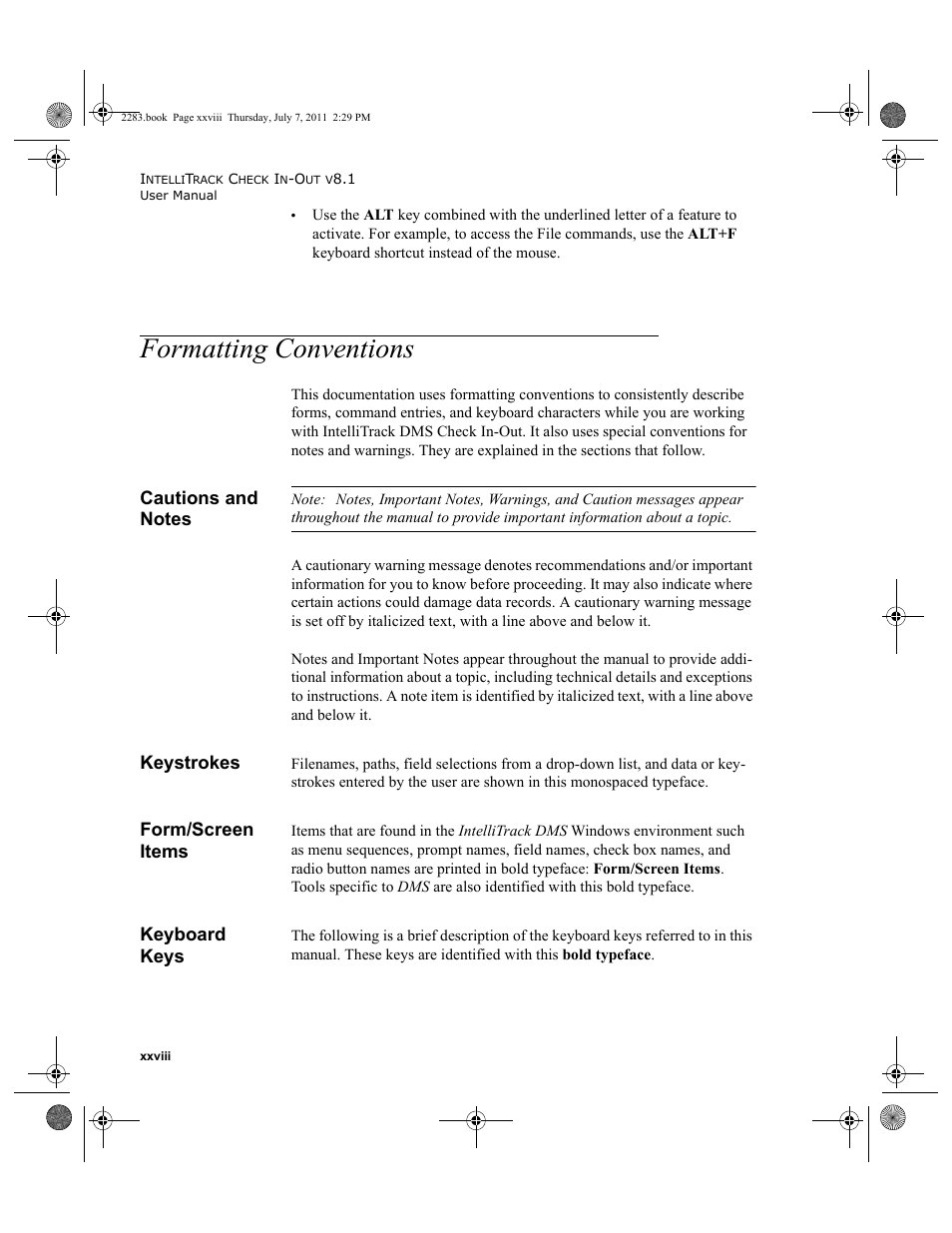 Formatting conventions, Cautions and notes, Keystrokes | Form/screen items, Keyboard keys | IntelliTrack Check In/Out User Manual | Page 28 / 564