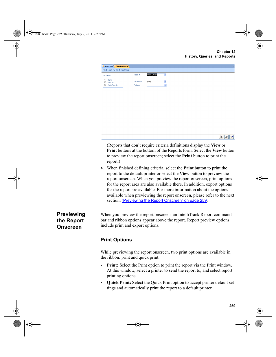 Previewing the report onscreen, Print options | IntelliTrack Check In/Out User Manual | Page 289 / 564