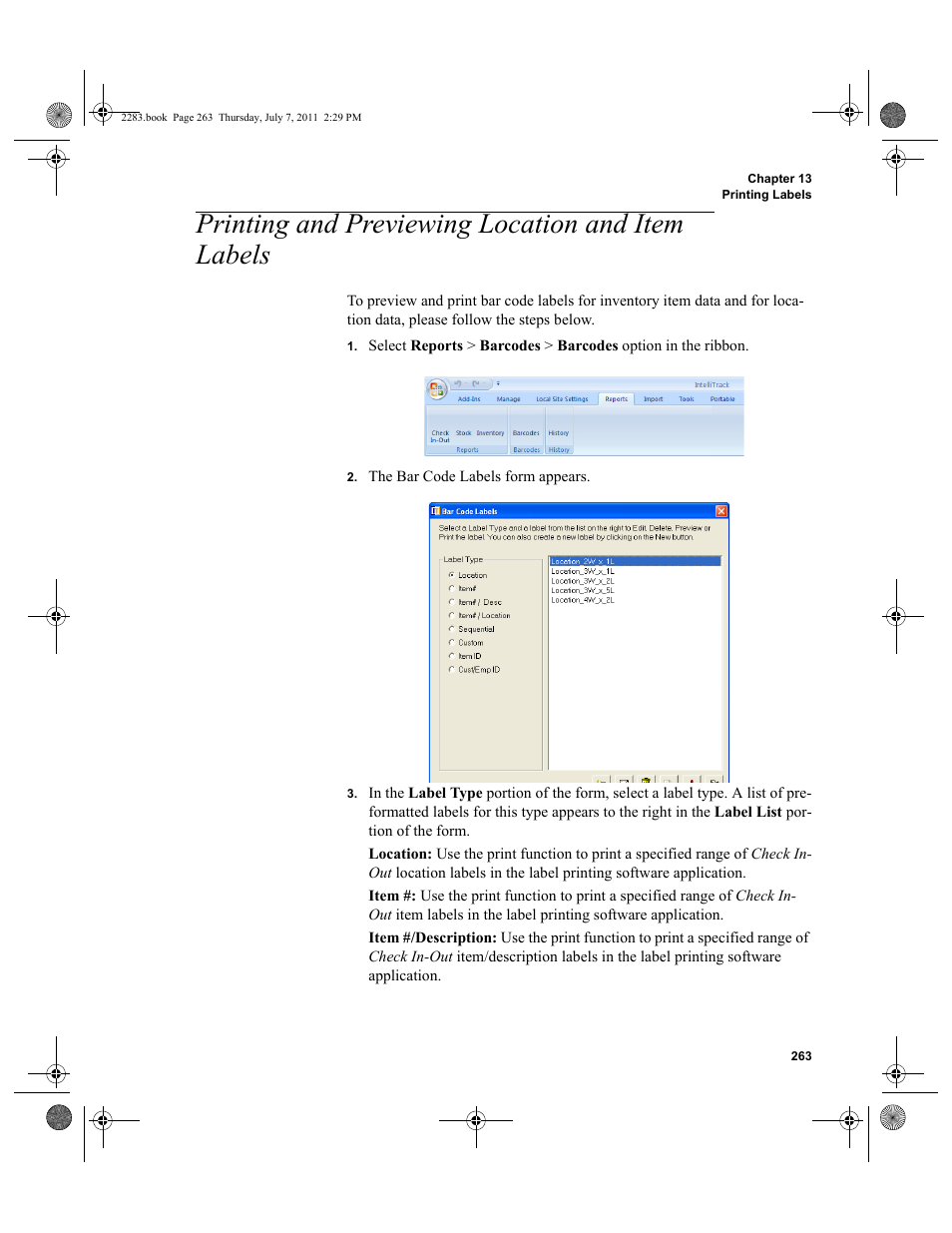 Printing and previewing location and item labels, D in, Printing and previewing | Except | IntelliTrack Check In/Out User Manual | Page 293 / 564