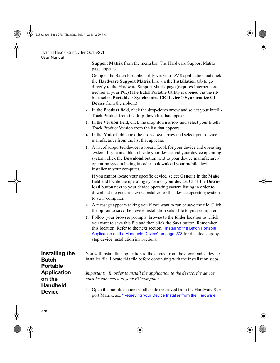 Installing the batch portable application on the, Handheld device | IntelliTrack Check In/Out User Manual | Page 308 / 564