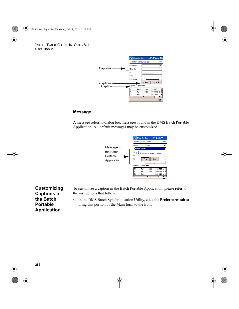 Message, Customizing captions in the batch portable, Application | IntelliTrack Check In/Out User Manual | Page 316 / 564