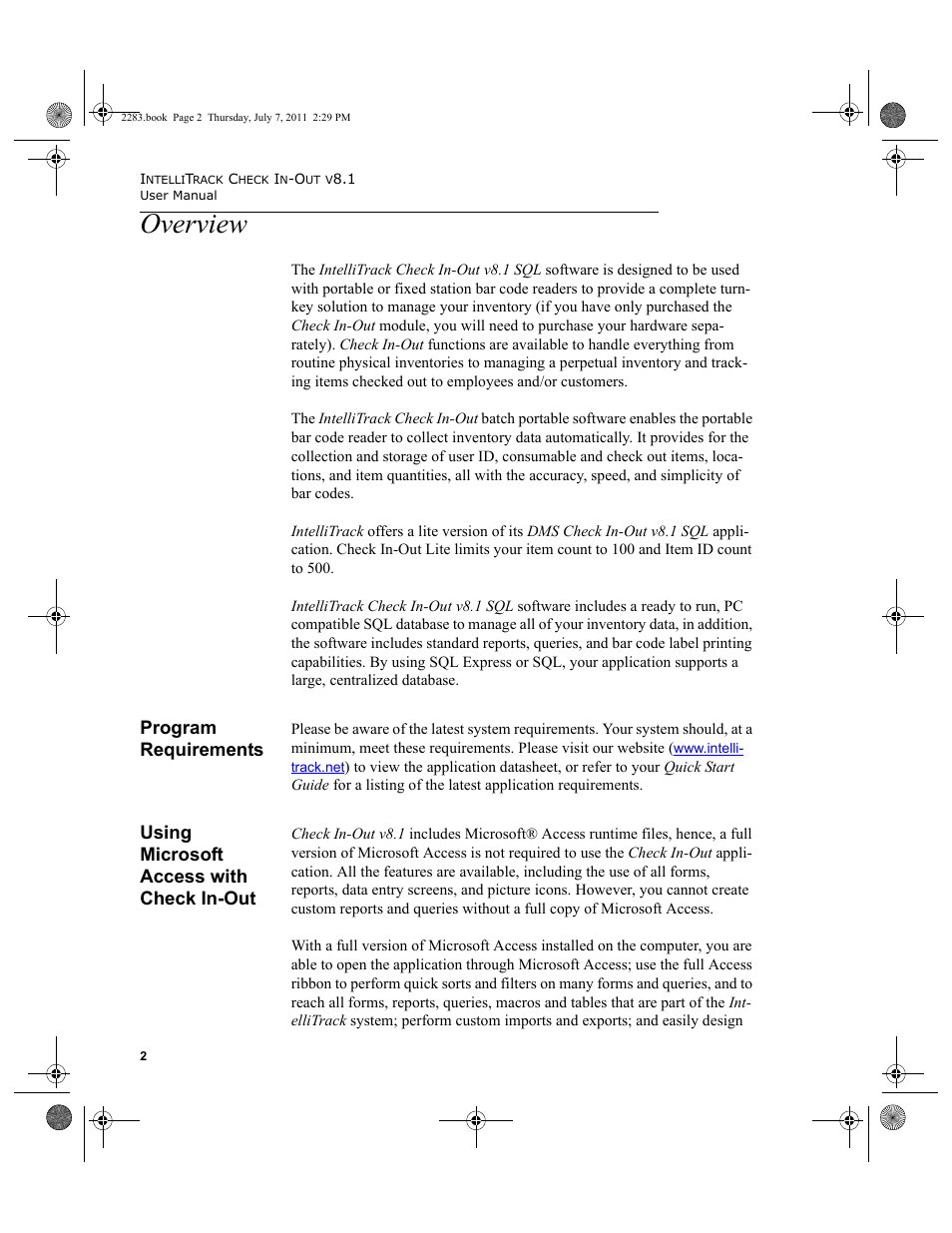 Overview, Program requirements, Using microsoft access with check in-out | IntelliTrack Check In/Out User Manual | Page 32 / 564