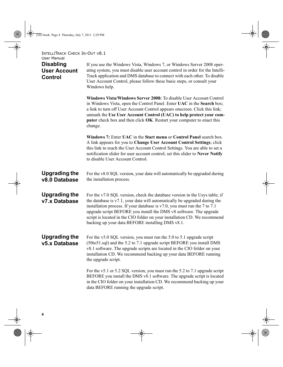 Disabling user account control, Upgrading the v8.0 database, Upgrading the v7.x database | Upgrading the v5.x database | IntelliTrack Check In/Out User Manual | Page 34 / 564