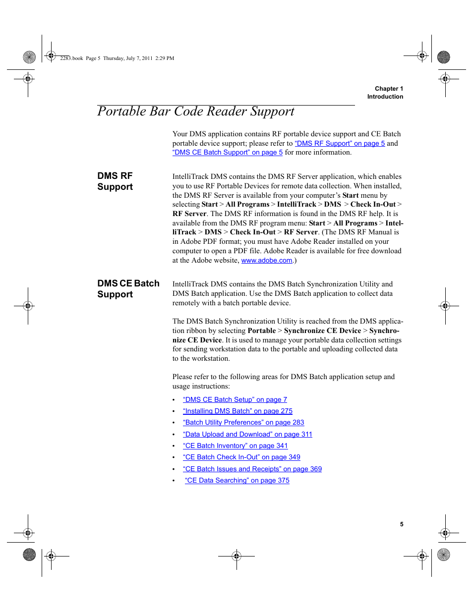 Portable bar code reader support, Dms rf support, Dms ce batch support | Dms rf support dms ce batch support | IntelliTrack Check In/Out User Manual | Page 35 / 564