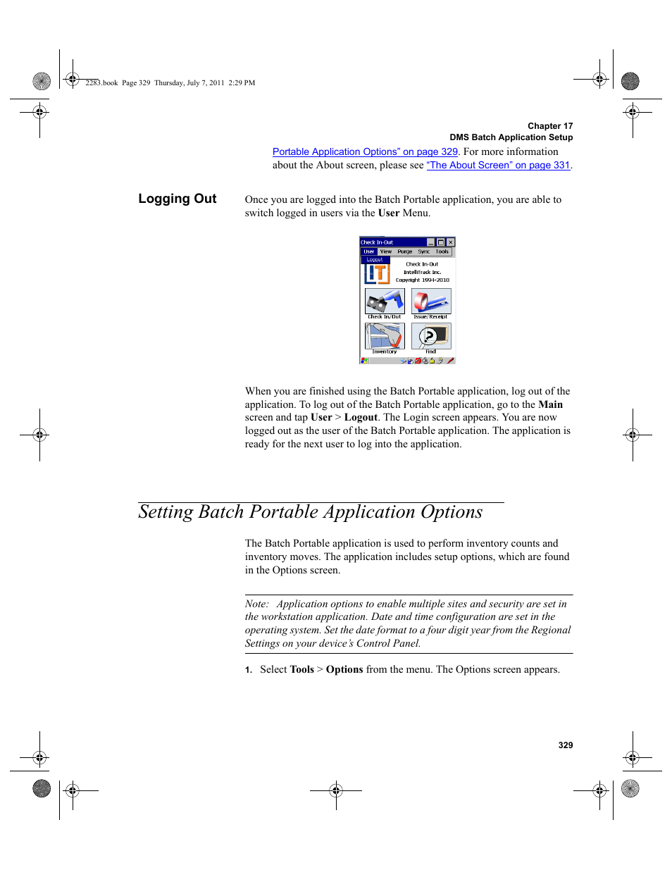 Logging out, Setting batch portable application options, E see | Ce application options, please see, Setting batch | IntelliTrack Check In/Out User Manual | Page 359 / 564