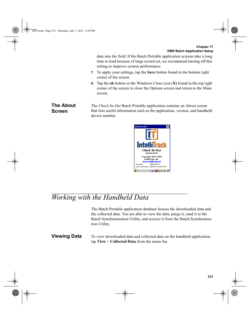 The about screen, Working with the handheld data, Viewing data | IntelliTrack Check In/Out User Manual | Page 361 / 564