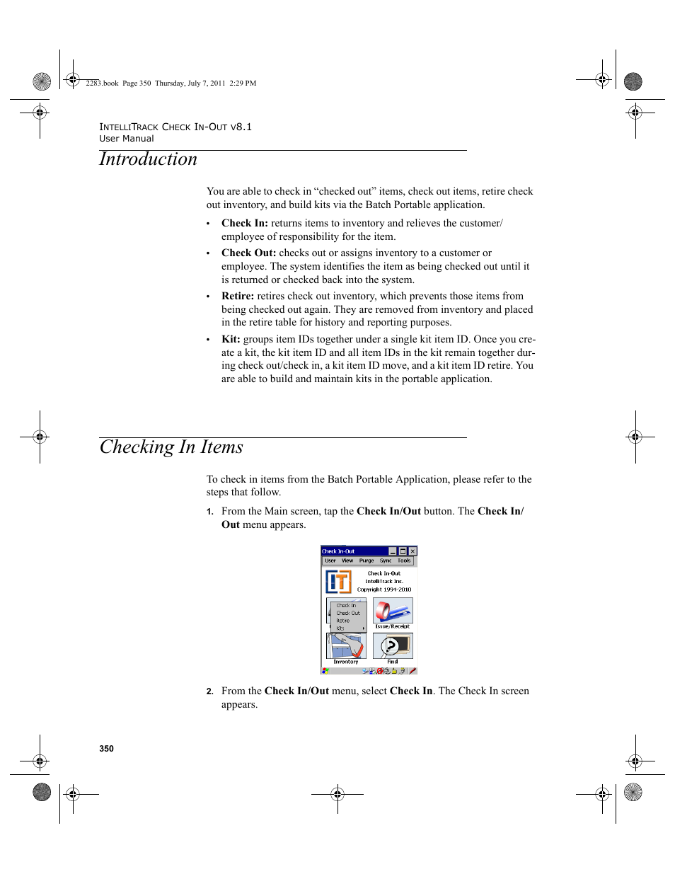 Introduction, Checking in items, Introduction checking in items | Checking | IntelliTrack Check In/Out User Manual | Page 380 / 564