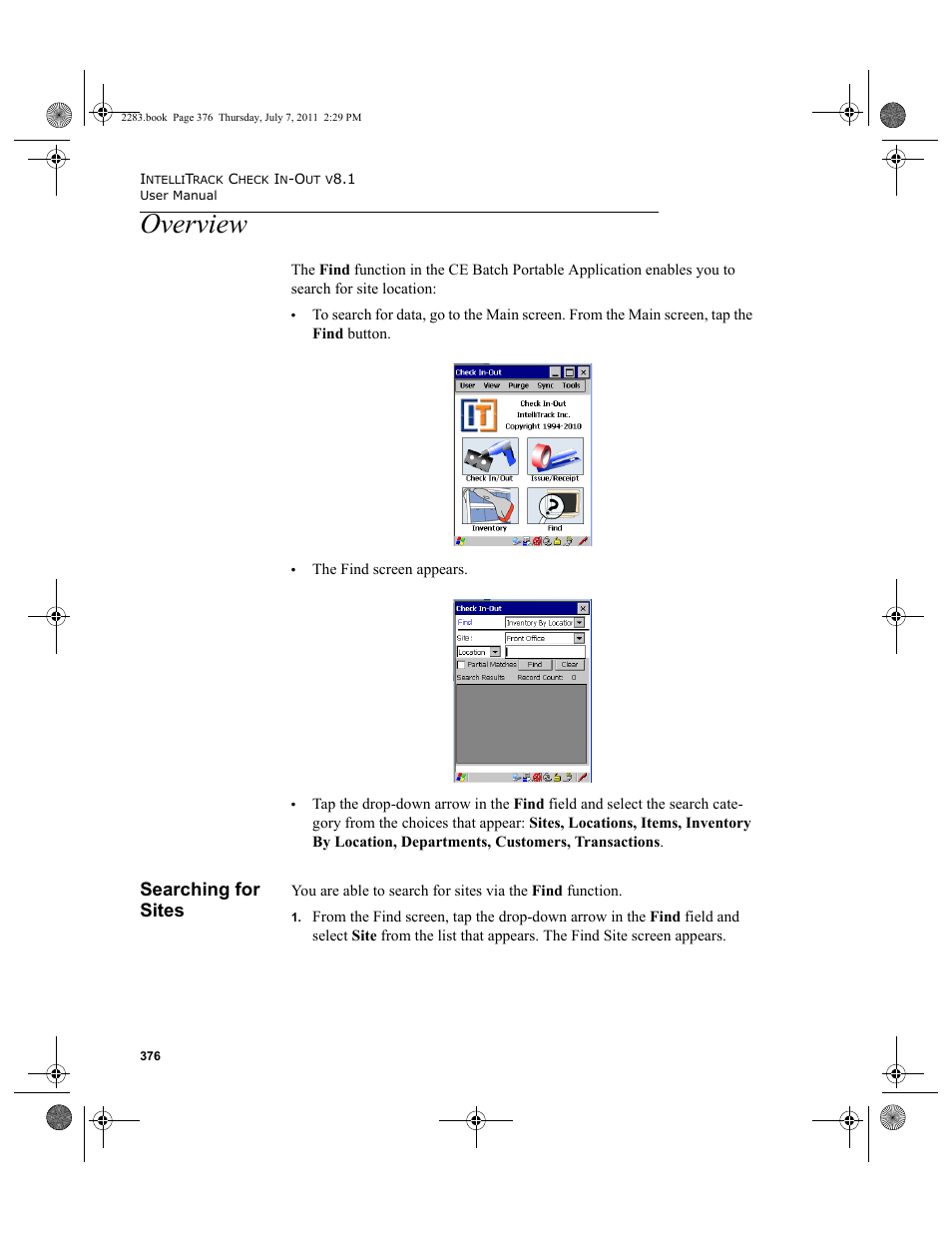 Overview, Searching for sites | IntelliTrack Check In/Out User Manual | Page 406 / 564