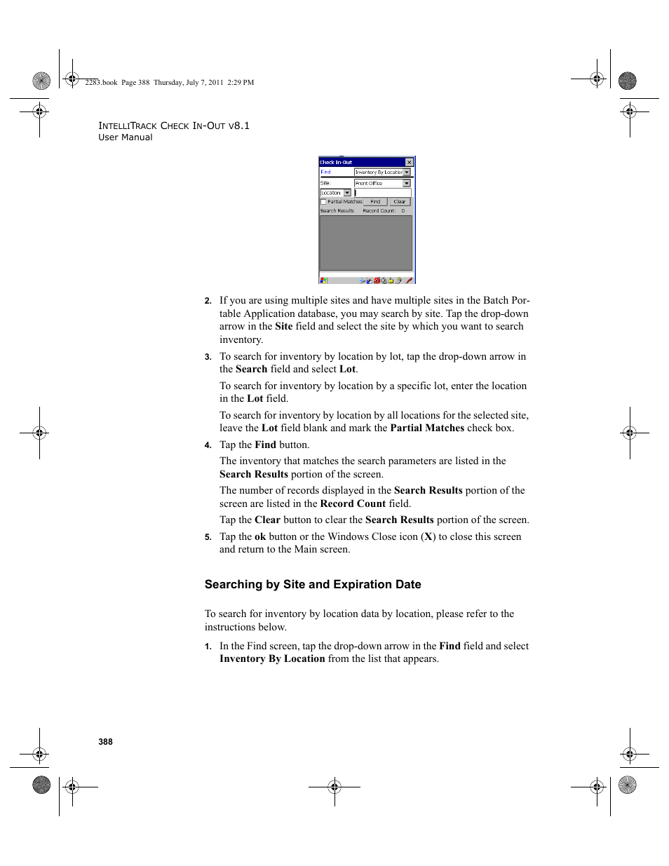 Searching by site and expiration date | IntelliTrack Check In/Out User Manual | Page 418 / 564