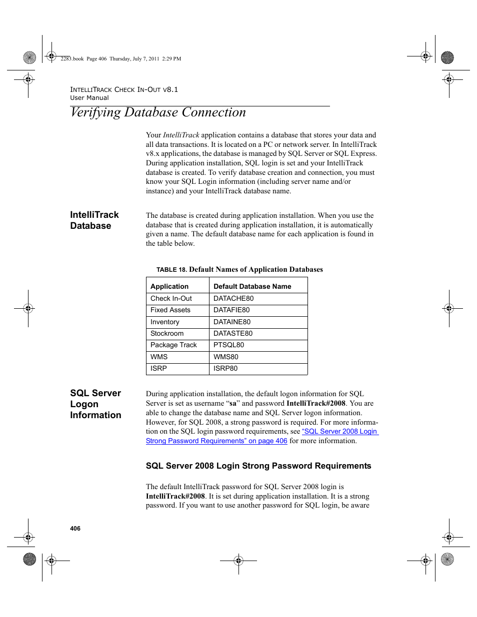 Verifying database connection, Intellitrack database, Sql server logon information | Intellitrack database sql server logon information, Sql server 2008 login strong password requirements | IntelliTrack Check In/Out User Manual | Page 436 / 564