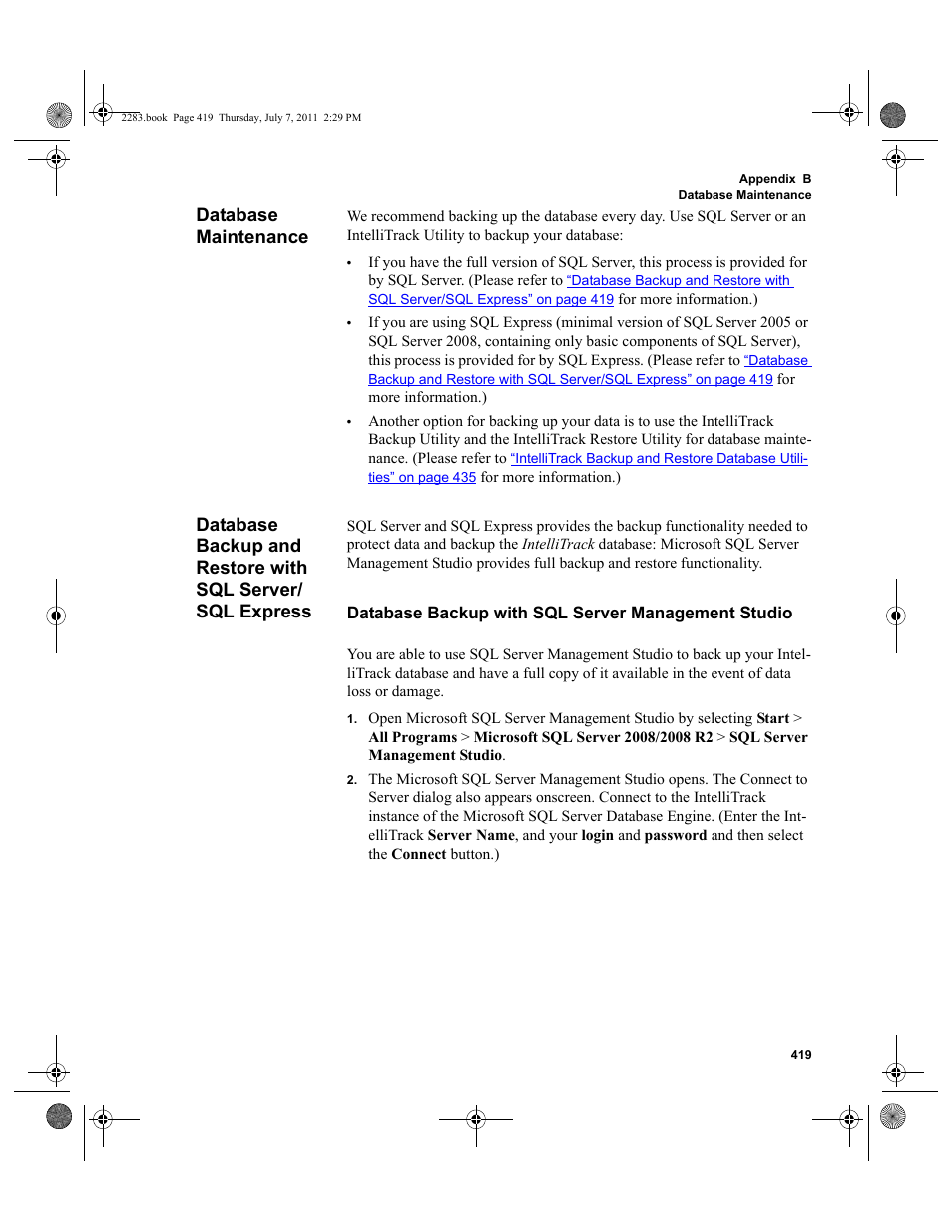 Database maintenance, Database backup with sql server management studio, Database | Database backup and restore with sql server/sql, Express | IntelliTrack Check In/Out User Manual | Page 449 / 564