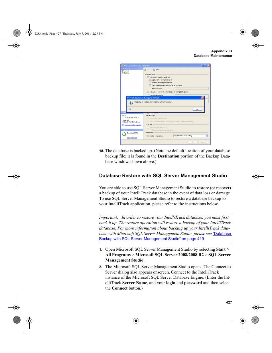 Database restore with sql server management studio | IntelliTrack Check In/Out User Manual | Page 457 / 564