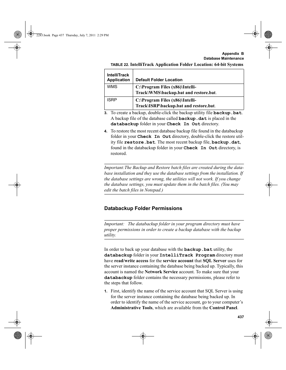 Databackup folder permissions, Databackup folder per | IntelliTrack Check In/Out User Manual | Page 467 / 564