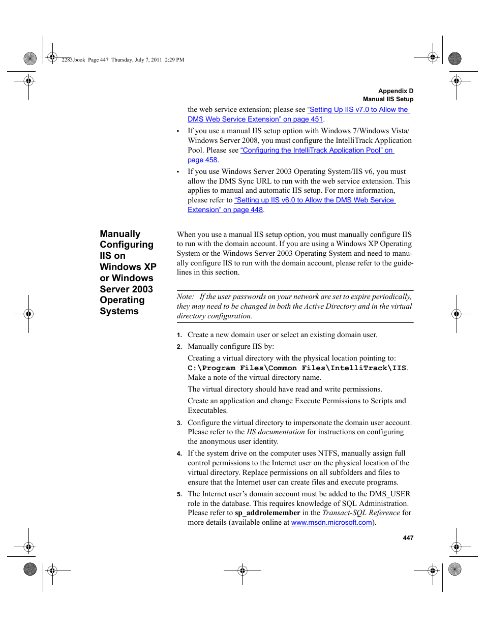 Manually configuring iis on windows xp or, Windows server 2003 operating systems, Manu | Manually configuring iis on windows xp or windows, Server 2003 operating systems, R to, Manually configuring iis on win | IntelliTrack Check In/Out User Manual | Page 477 / 564