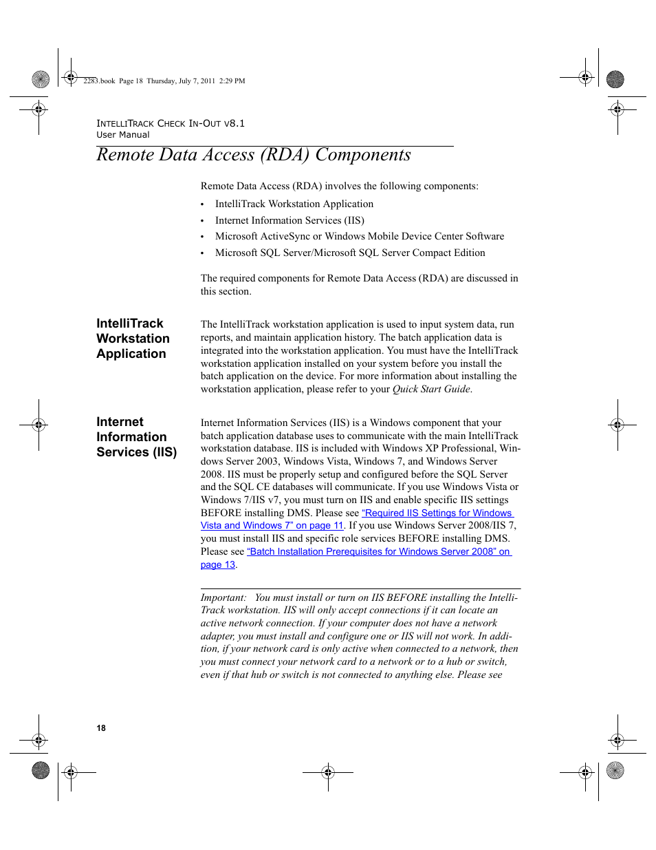 Remote data access (rda) components, Intellitrack workstation application, Internet information services (iis) | Remote data access (rda) | IntelliTrack Check In/Out User Manual | Page 48 / 564