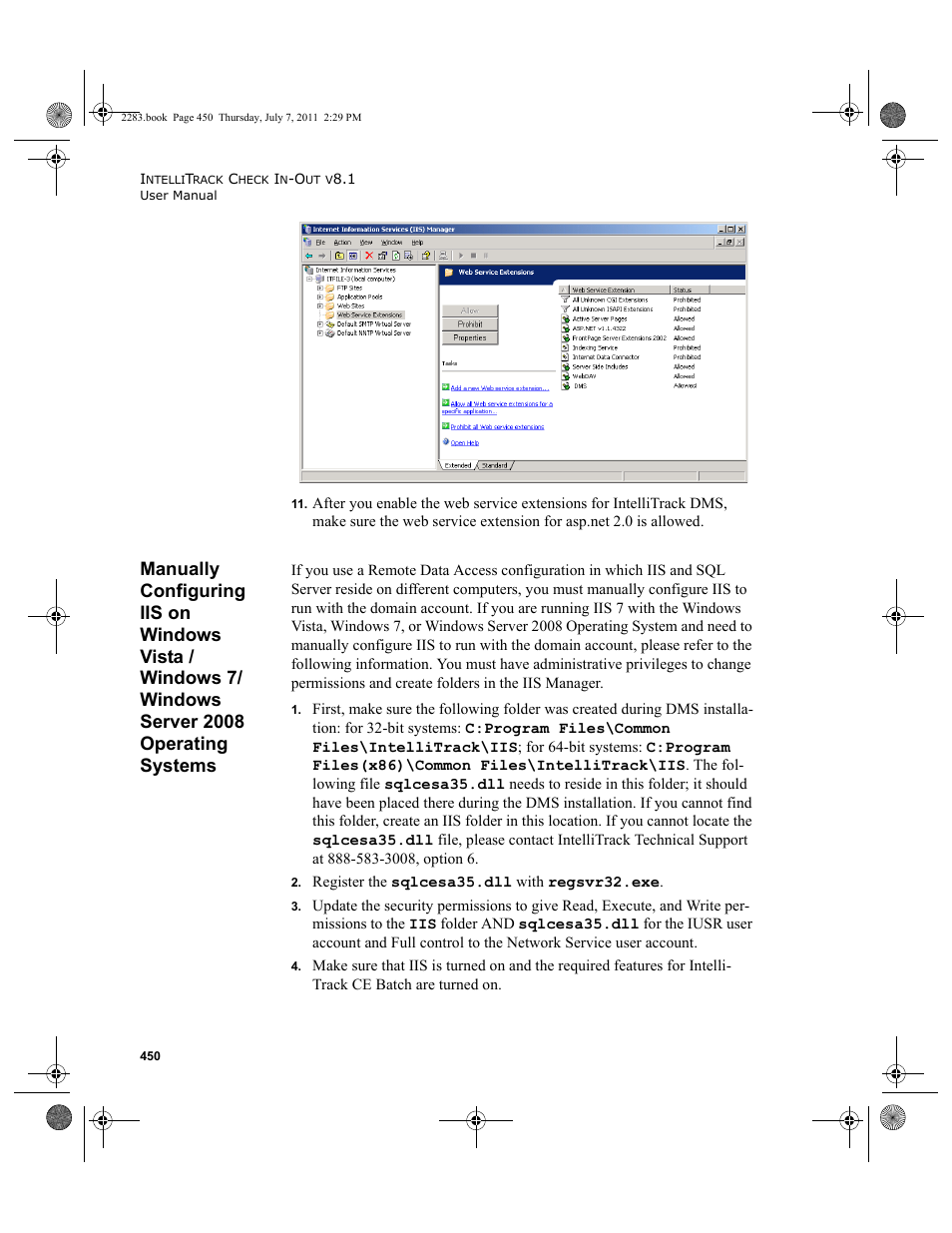 Manually configuring iis on windows vista, Manually configuring iis, Manually configuring iis on windows vista /windows | 7/ windows server 2008 operating systems | IntelliTrack Check In/Out User Manual | Page 480 / 564