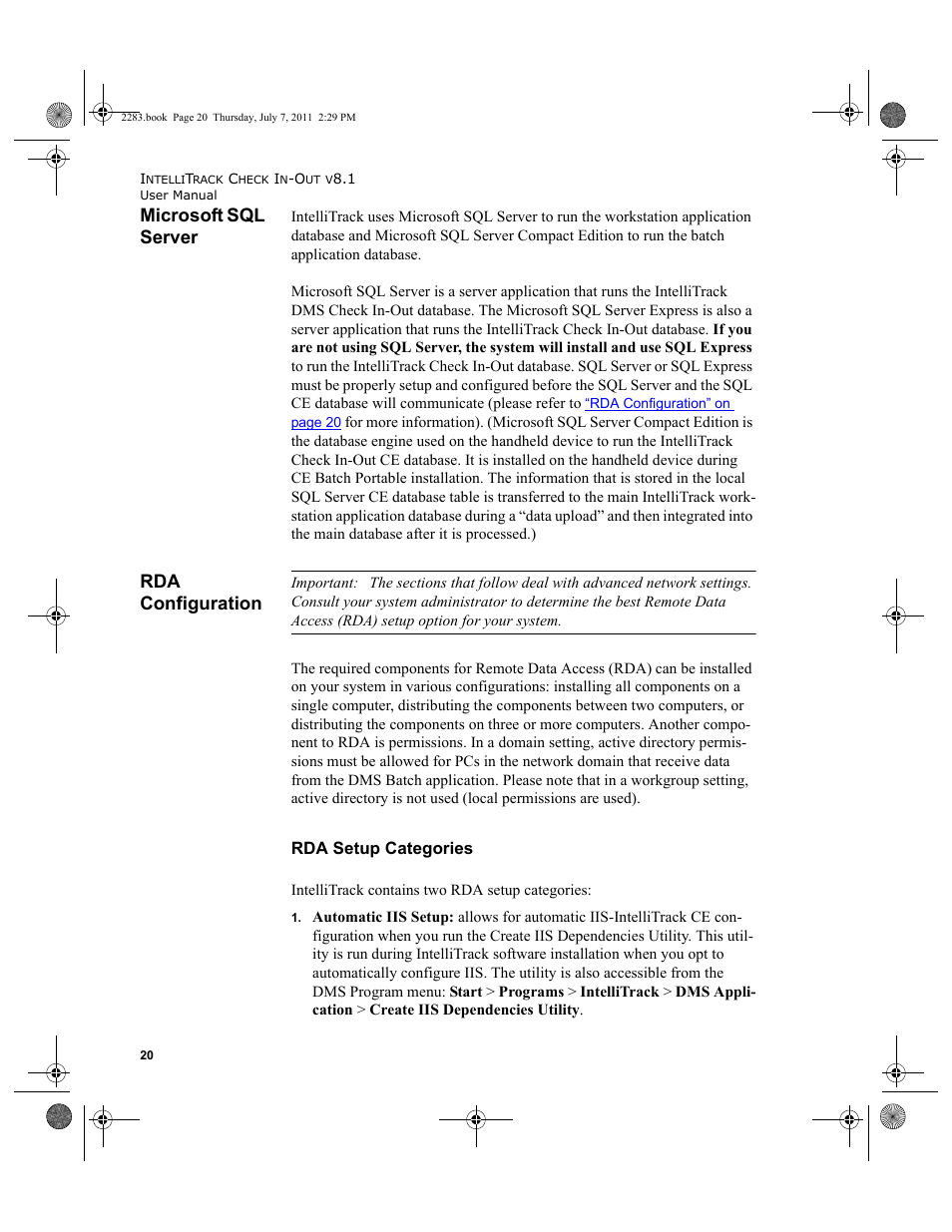 Microsoft sql server, Rda configuration, Microsoft sql server rda configuration | Rda setup categories, Rda configura | IntelliTrack Check In/Out User Manual | Page 50 / 564