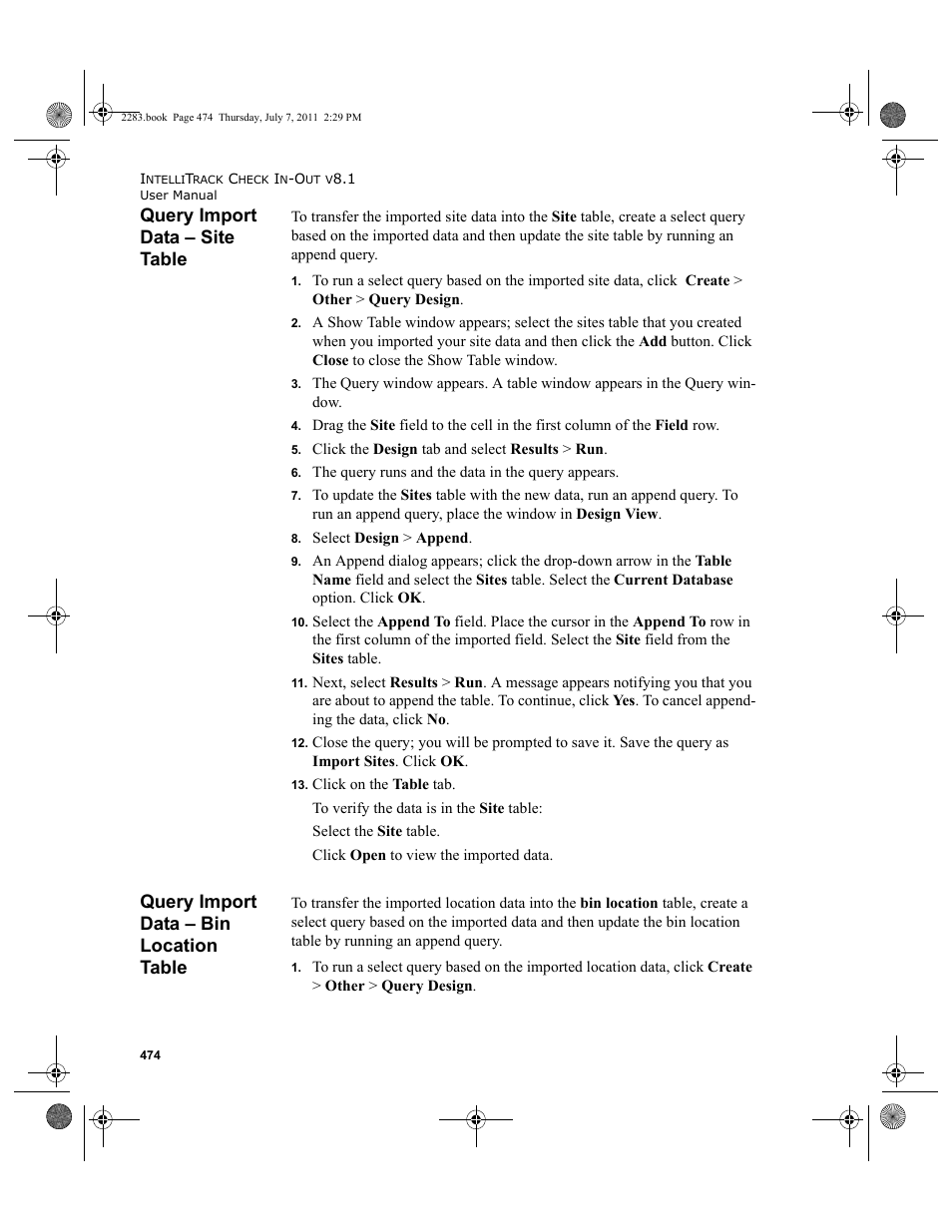 Query import data - site table, Query import data - bin location table, Query import data – site table | Query import data – bin location table, Query import data – bin location | IntelliTrack Check In/Out User Manual | Page 504 / 564