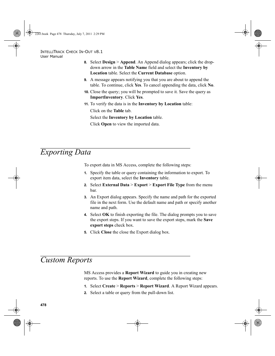 Exporting data, Custom reports, Exporting data custom reports | Fer to | IntelliTrack Check In/Out User Manual | Page 508 / 564