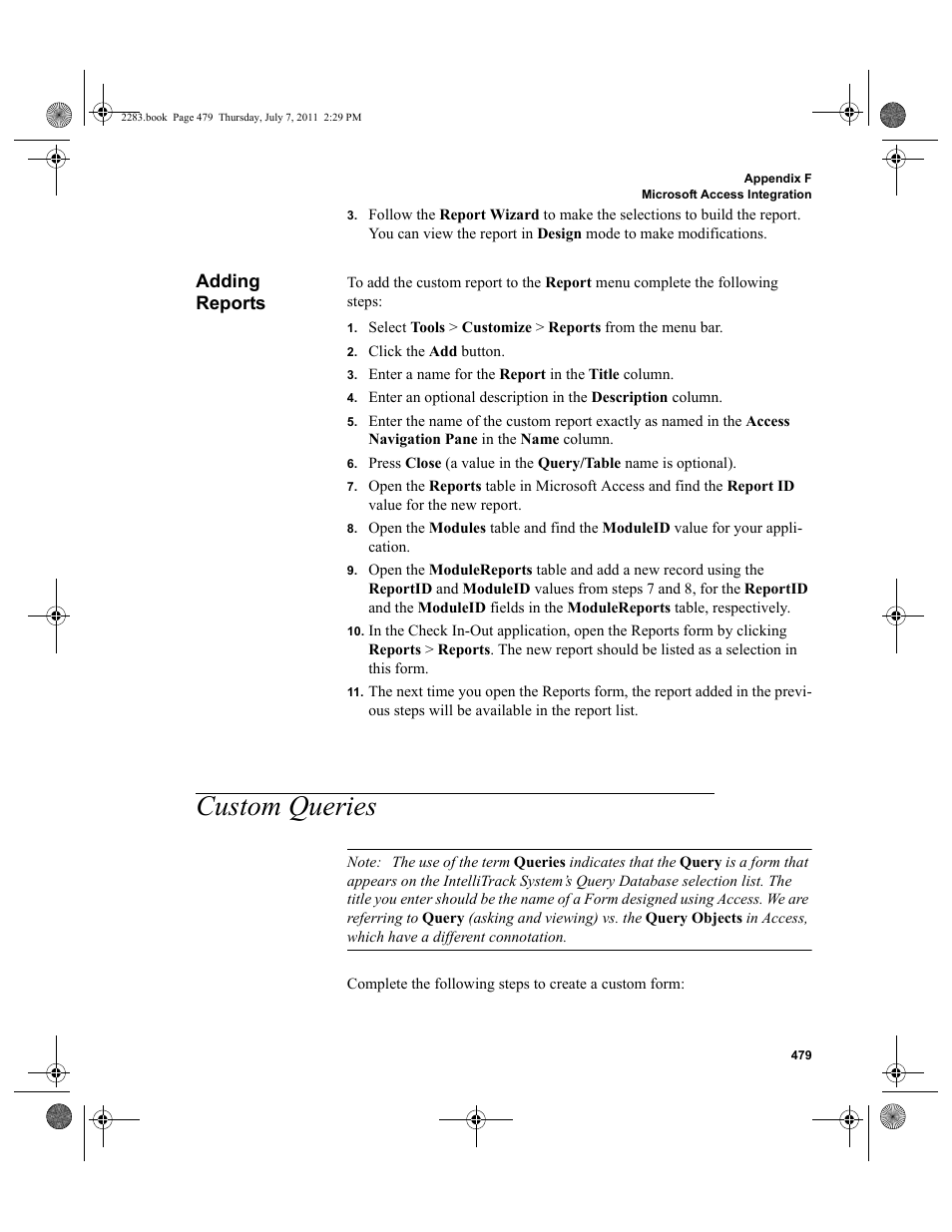 Adding reports, Custom queries, Fer to | IntelliTrack Check In/Out User Manual | Page 509 / 564