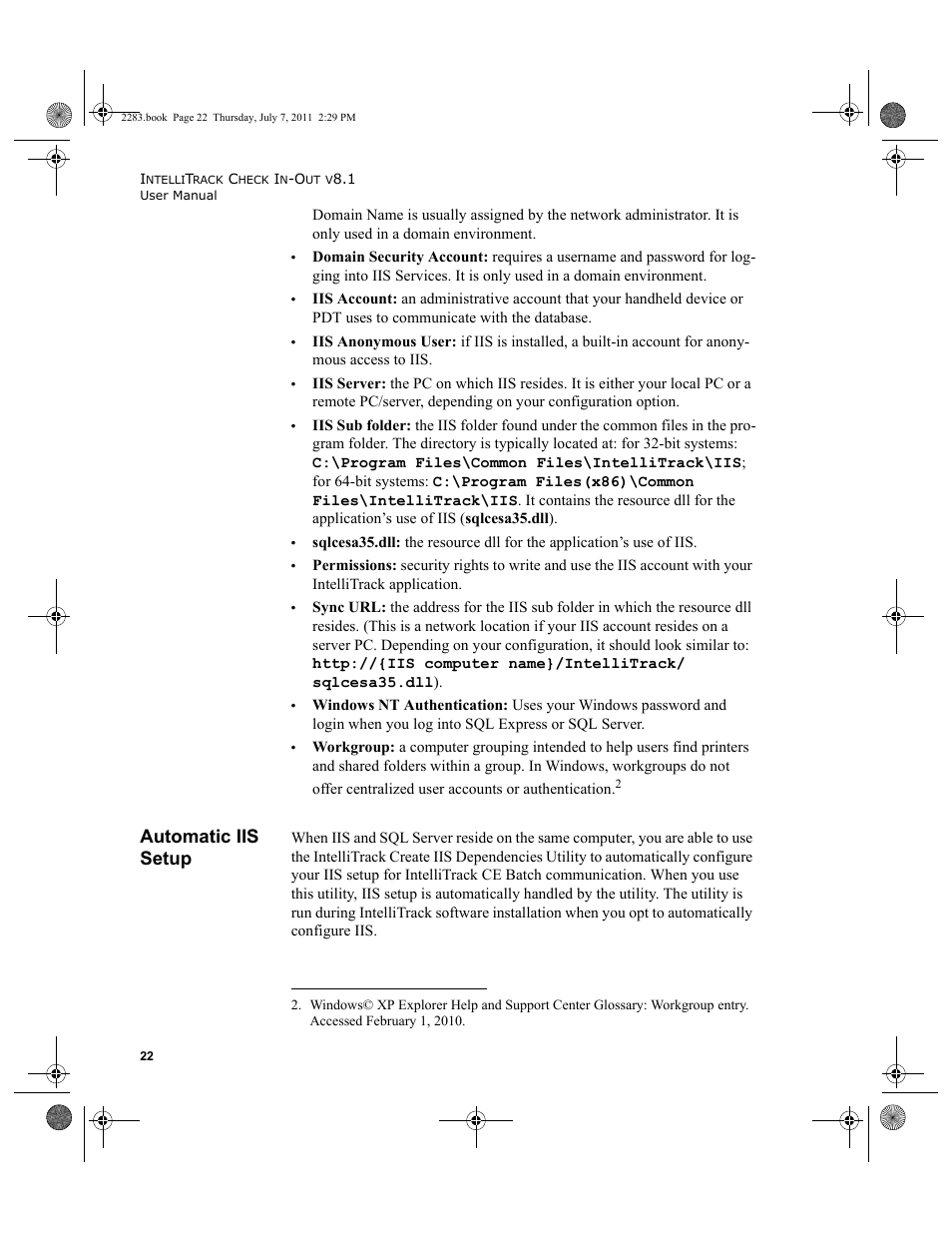 Automatic iis setup | IntelliTrack Check In/Out User Manual | Page 52 / 564