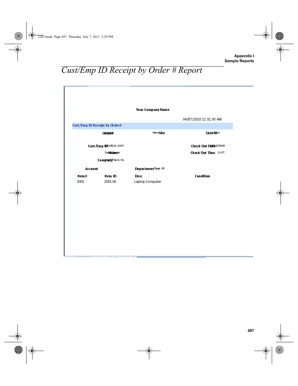 Cust/emp id receipt by order # report | IntelliTrack Check In/Out User Manual | Page 527 / 564