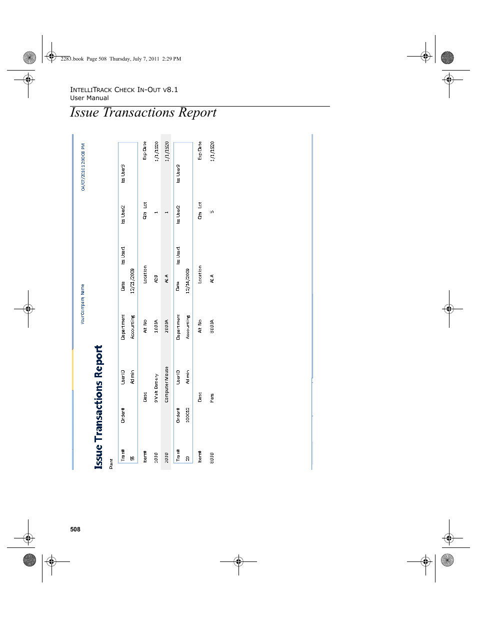 Issue transactions report | IntelliTrack Check In/Out User Manual | Page 538 / 564