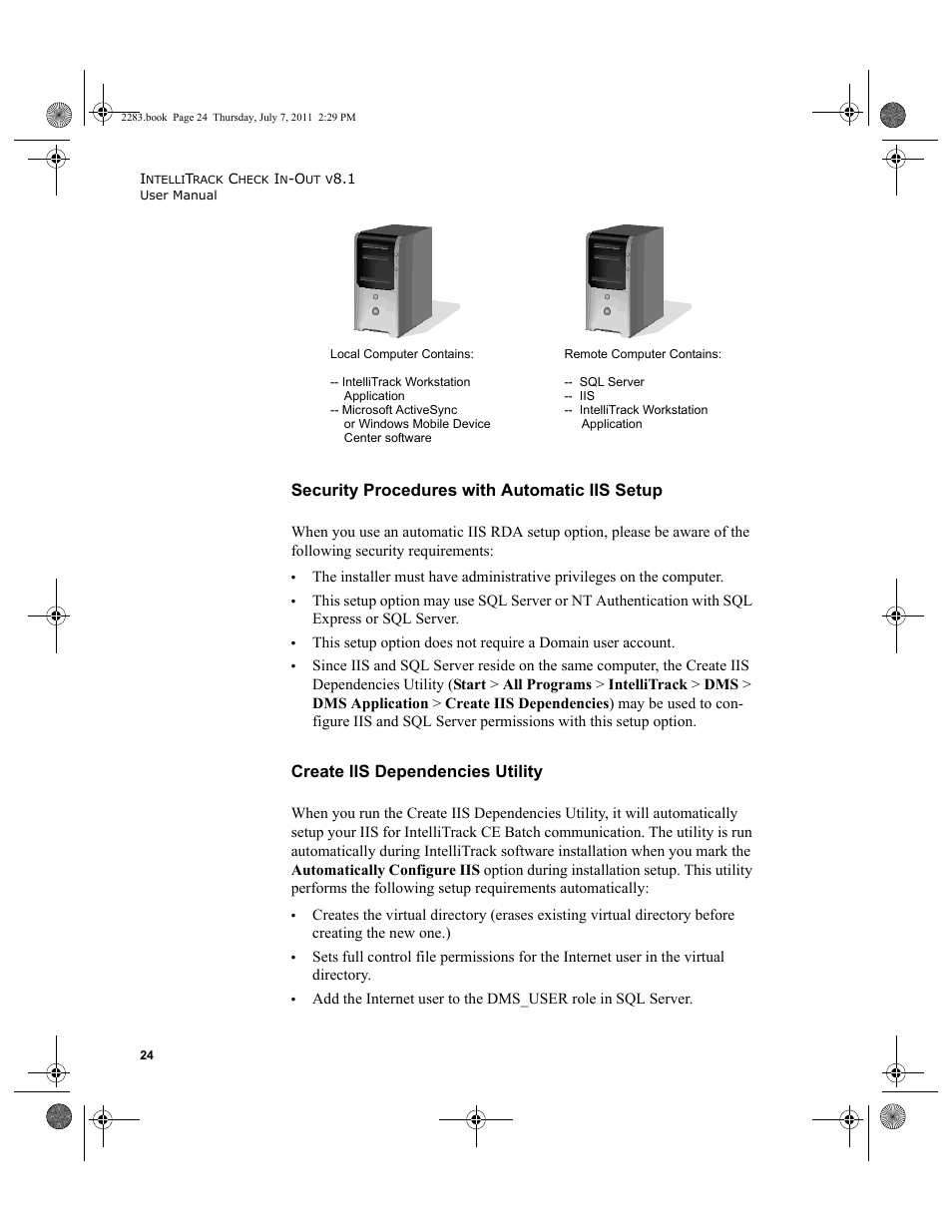 Create iis, Security procedures with automatic iis setup, Create iis dependencies utility | IntelliTrack Check In/Out User Manual | Page 54 / 564